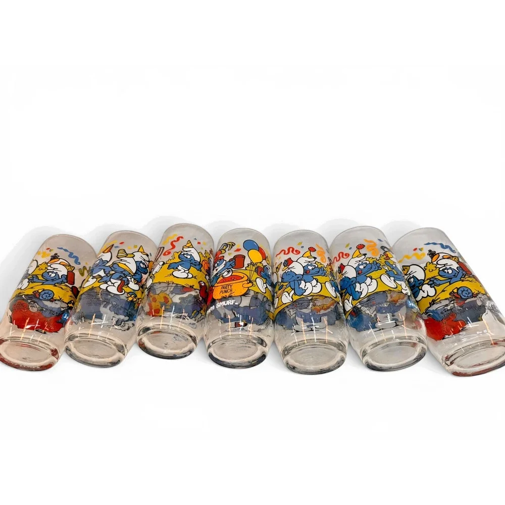Vintage 1983 Smurf Drinking Glass Lot of 7 Peyo Wallace Berrie Baker Papa Clumsy